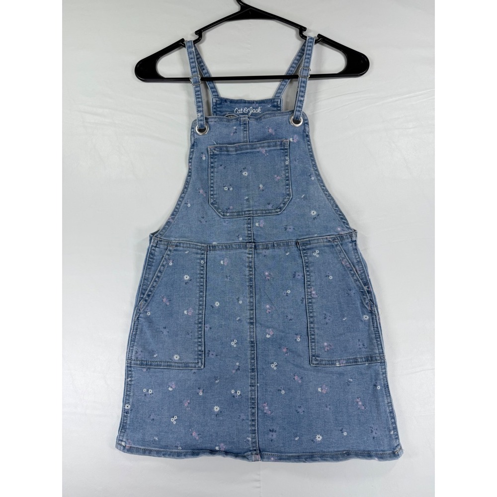 Cat & Jack Girls Floral Denim Overall Dress Light Wash Blue Pinafore Size M 7/8